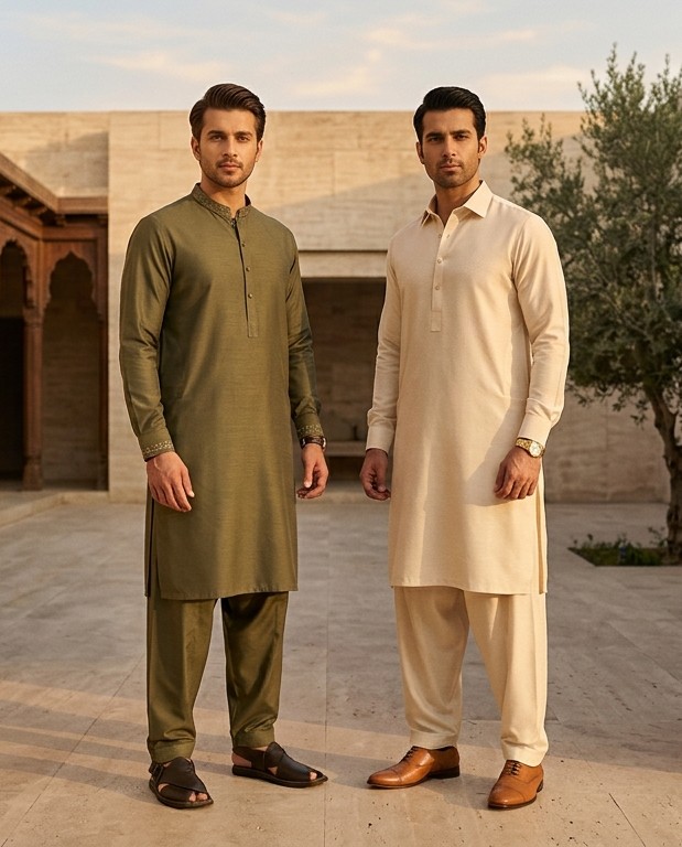 Umair Collections — Tailored Pakistani Men's Shalwar Qameez Campaign in Olive Green and Cream Boski